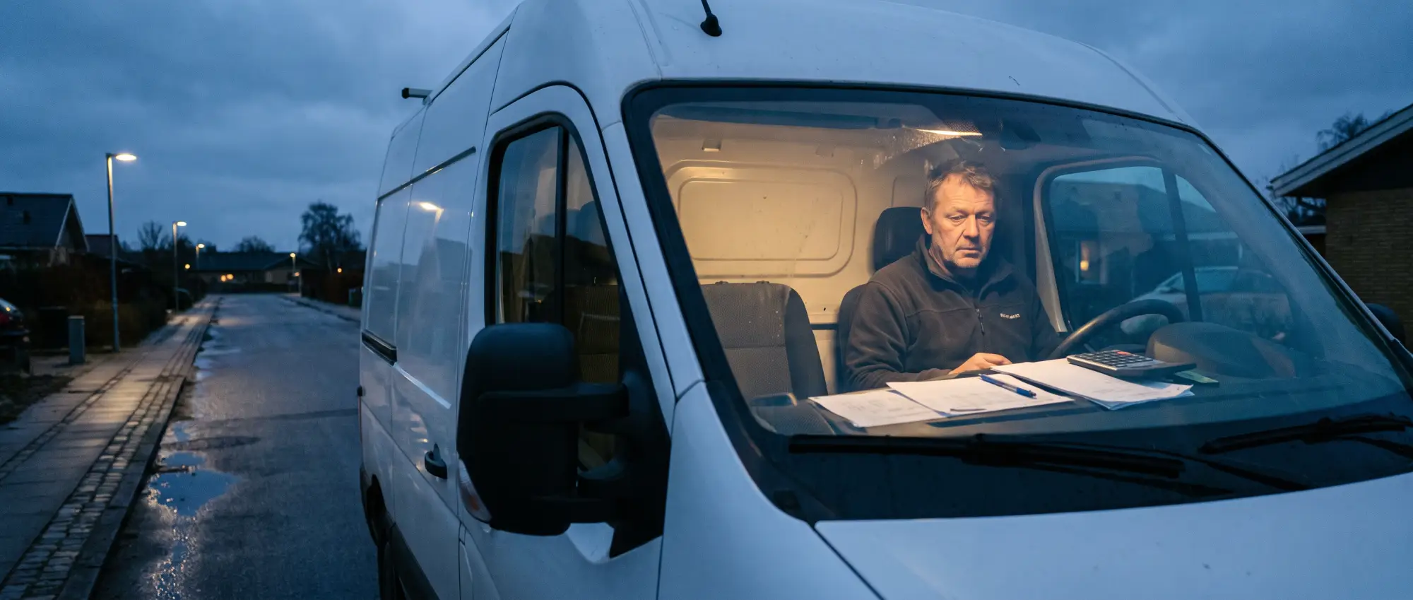 En VVS-mand sidder i sin varevogn om aftenen med tilbudspapirer på rattet.