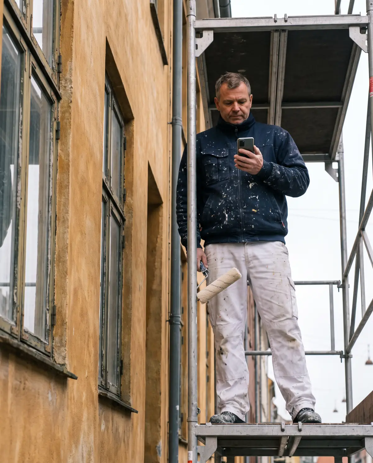 En maler på et stillads foran en okkergul facade læser på sin telefon.